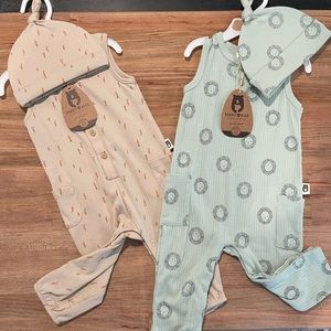 NWT Rabbit + Bear Organic Button Romper Hat Set 2Pc Bundle 6-9M